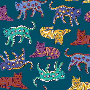 Tissu coton RAJAH  fond émeraude motif tigres multicolores laize de 150 cm