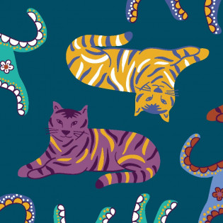 Tissu coton RAJAH fond émeraude motif tigres multicolores laize de 150 cm zoom